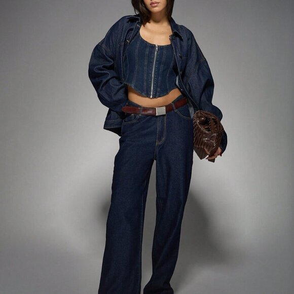 Navy Blue Casual Women's Zip Through Halter Neck Denim Top - Picture 3 of 6